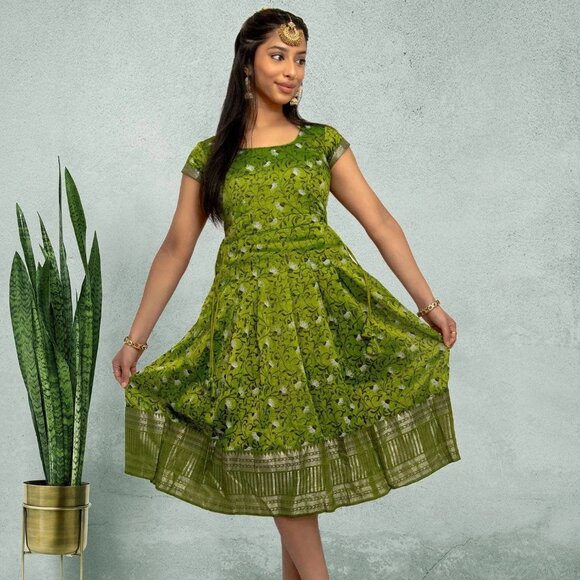 Green Silk Knee Length Dress  | Indian Festive | Indian Dress in USA - Picture 1 of 4